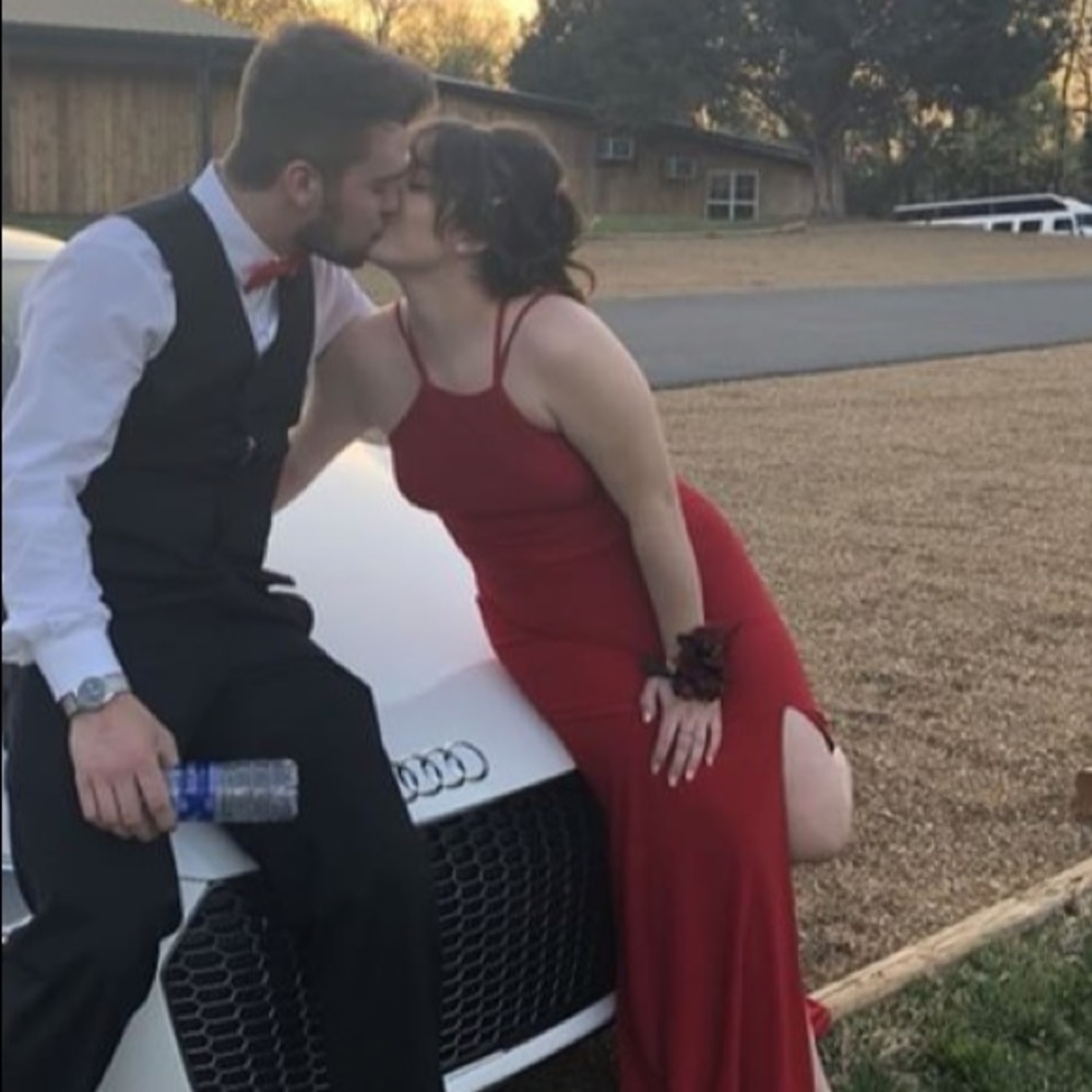 Red backless halter evening dress